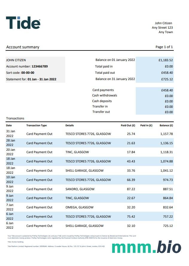 Wielka Brytania Think money wyciąg bankowy szablon Worda i PDF, 3 stronas
